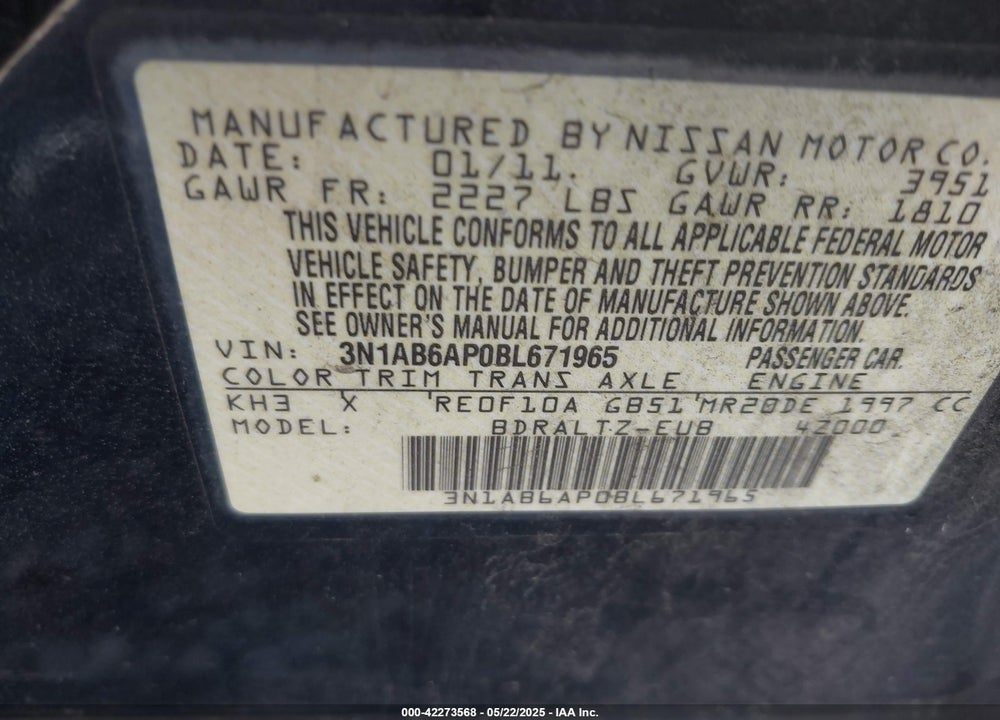 2011 NISSAN SENTRA VIN: 3N1AB6AP0BL671965