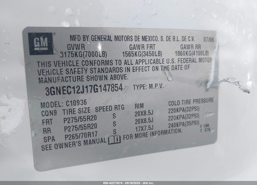 2007 CHEVROLET AVALANCHE 1500 LTZ VIN: 3GNEC12J17G147854