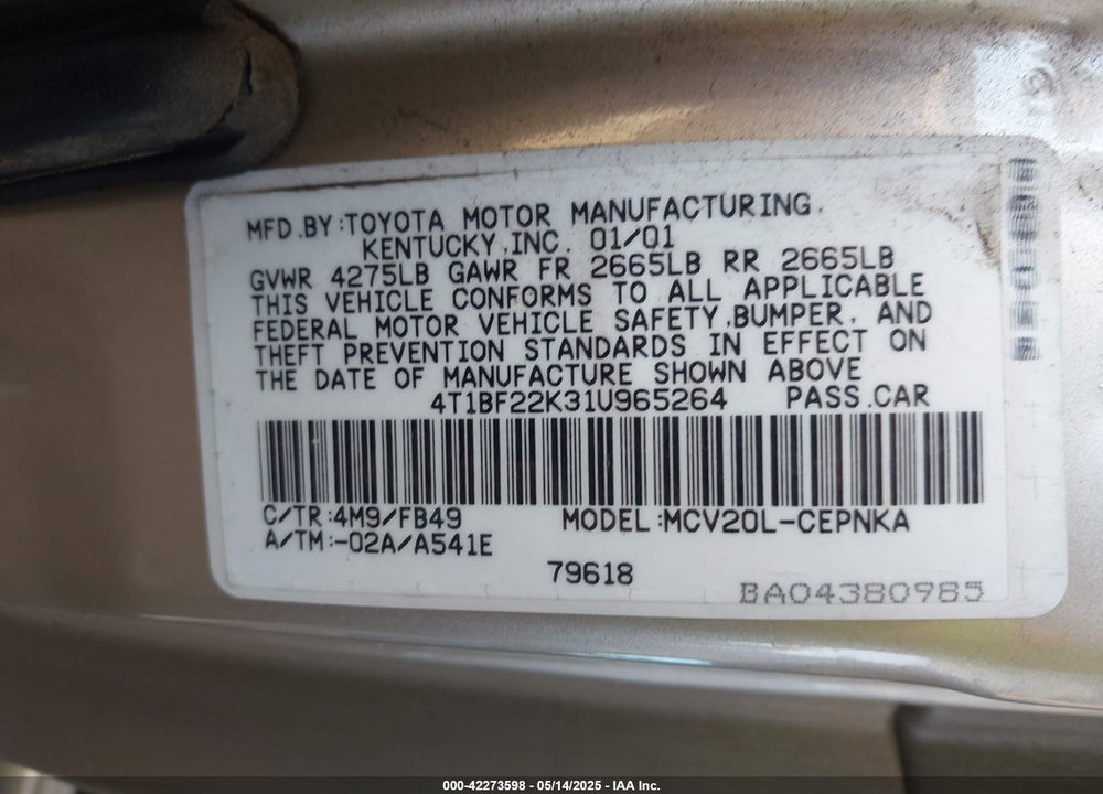 2001 TOYOTA CAMRY LE V6 VIN: 4T1BF22K31U965264
