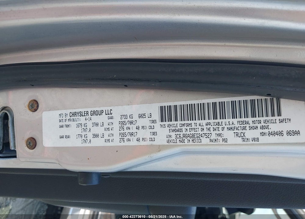 2014 RAM 1500 VIN: 3C6JR6AG8EG247527