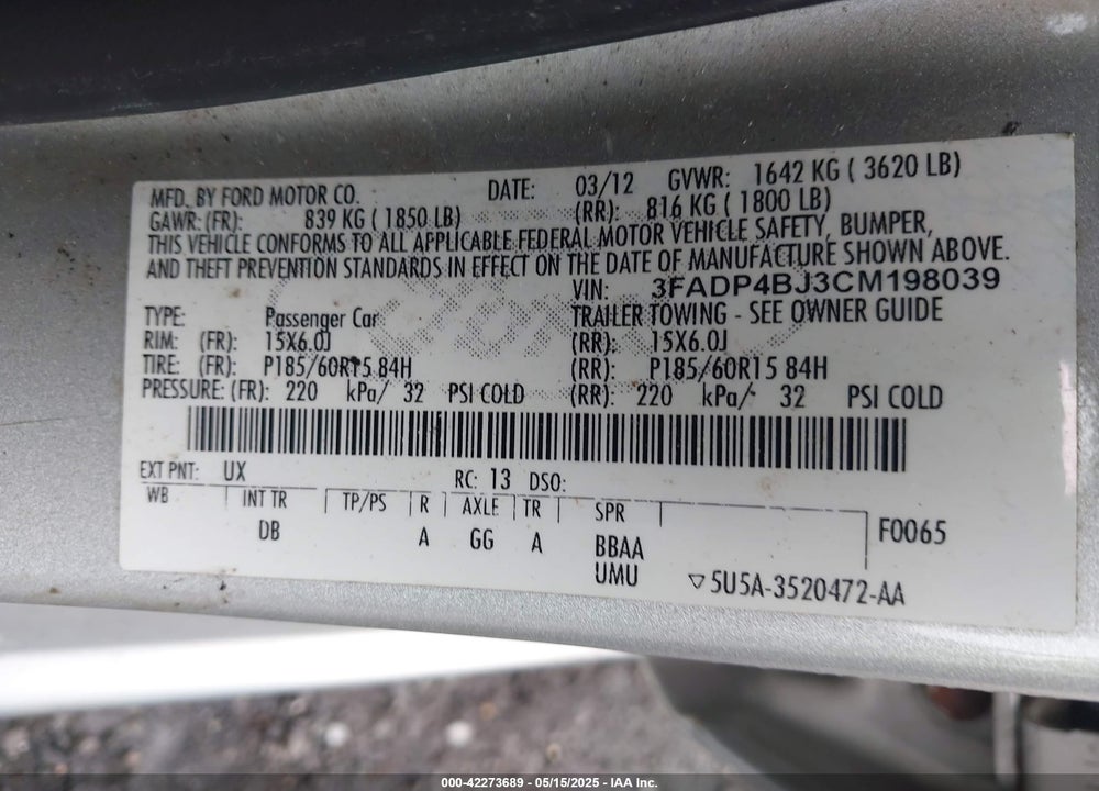 2012 FORD FIESTA VIN: 3FADP4BJ3CM198039