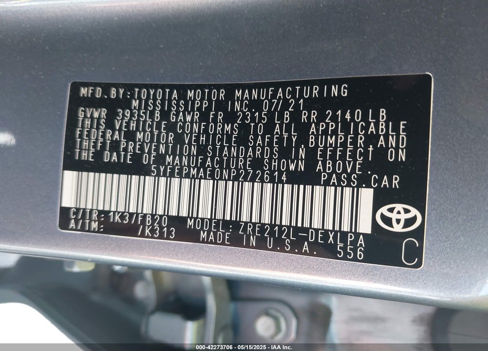 2022 TOYOTA COROLLA VIN: 5YFEPMAE0NP272614
