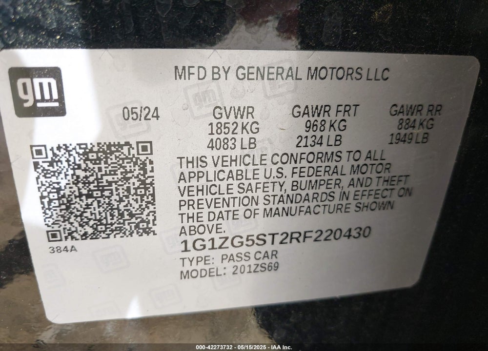 2024 CHEVROLET MALIBU VIN: 1G1ZG5ST2RF220430