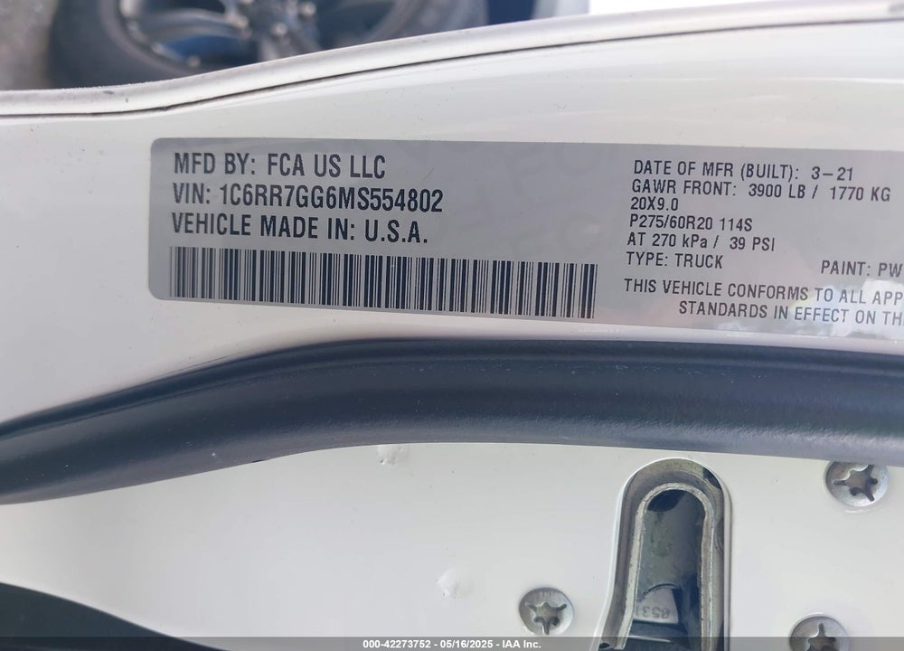 2021 RAM 1500 CLASSIC VIN: 1C6RR7GG6MS554802