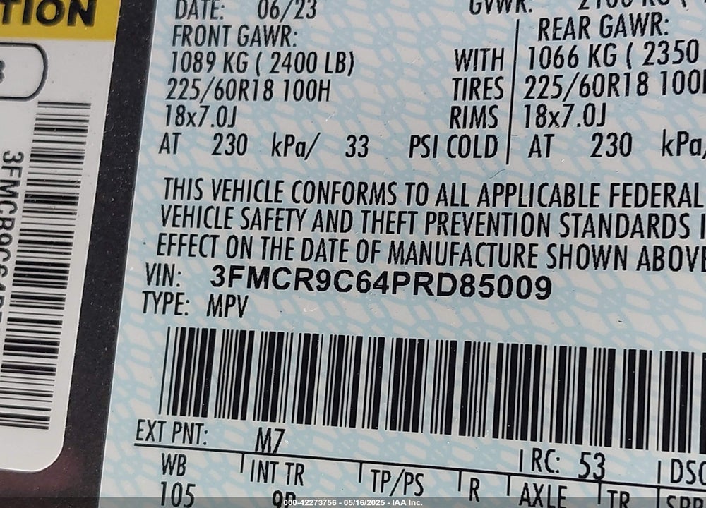 2023 FORD BRONCO SPORT OUTER BANKS VIN: 3FMCR9C64PRD85009