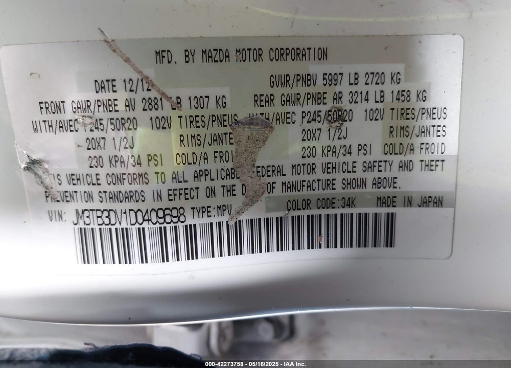 2013 MAZDA CX-9 VIN: JM3TB3DV1D0409698