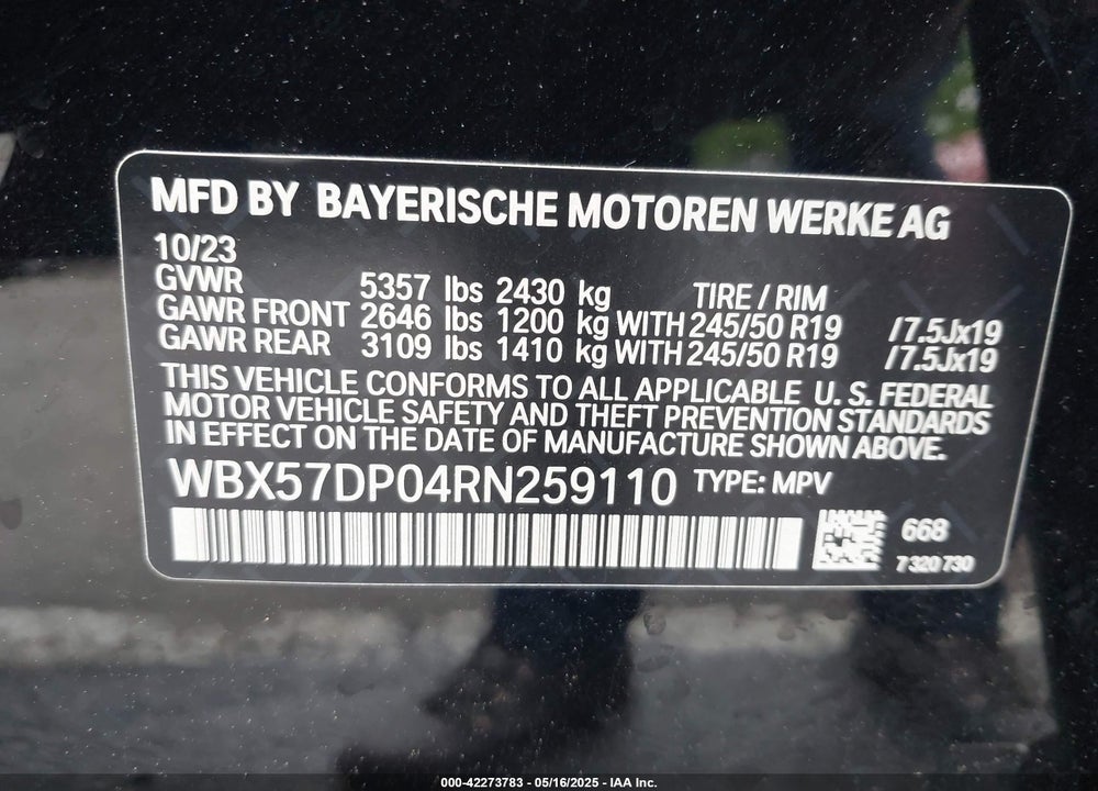2024 BMW X3 XDRIVE30I VIN: WBX57DP04RN259110