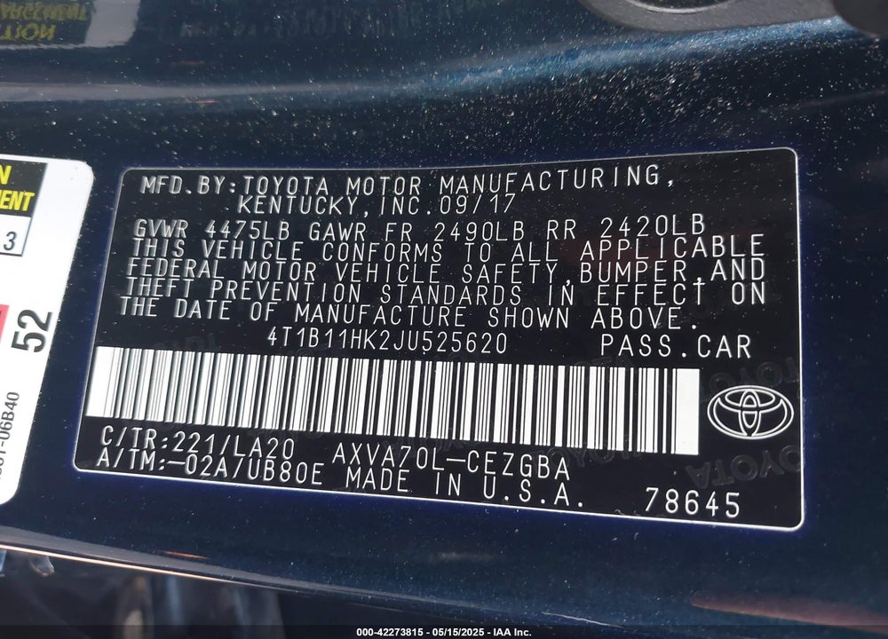 2018 TOYOTA CAMRY VIN: 4T1B11HK2JU525620