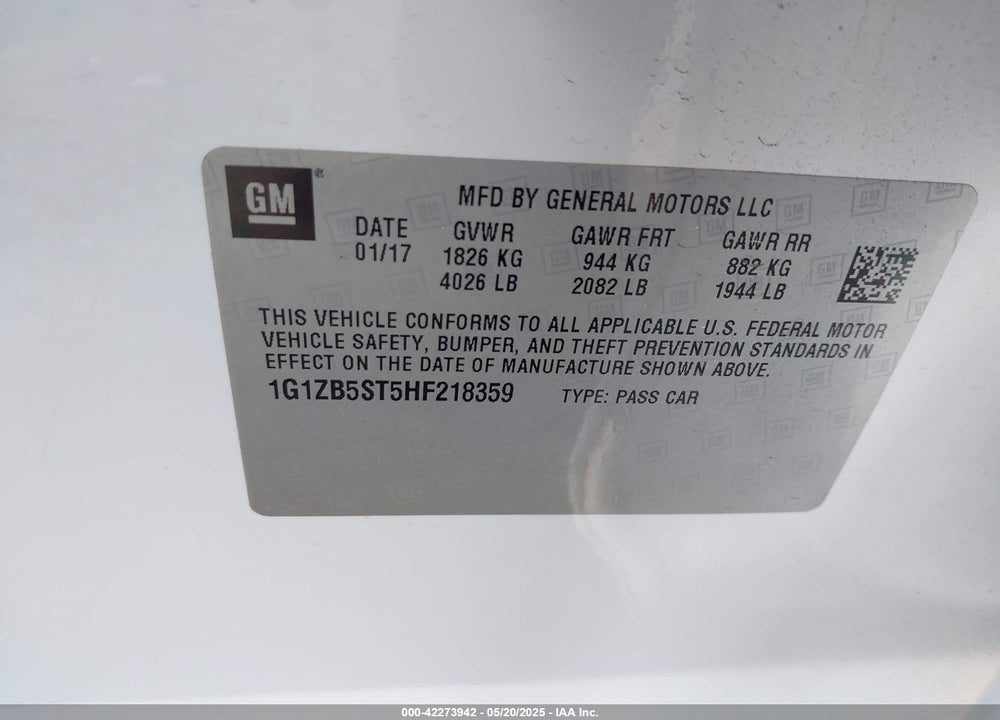 2017 CHEVROLET MALIBU VIN: 1G1ZB5ST5HF218359
