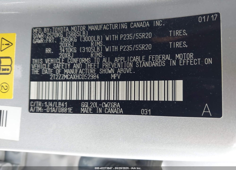 2017 LEXUS RX VIN: 2T2ZZMCAXHC052984