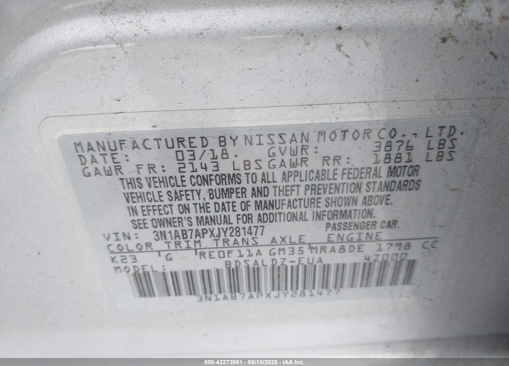 2018 NISSAN SENTRA VIN: 3N1AB7APXJY281477