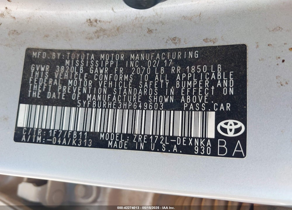 2017 TOYOTA COROLLA LE VIN: 5YFBURHE3HP649603