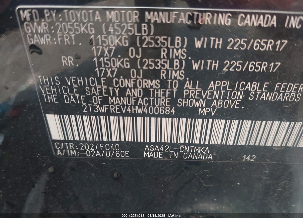 2017 TOYOTA RAV4 VIN: 2T3WFREV4HW400684