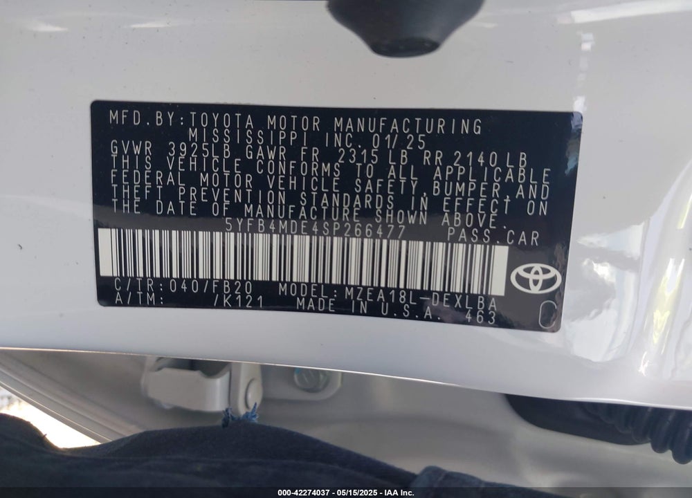 2025 TOYOTA COROLLA VIN: 5YFB4MDE4SP266477