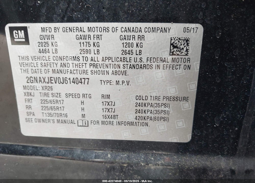 2018 CHEVROLET EQUINOX LT VIN: 2GNAXJEV0J6140477