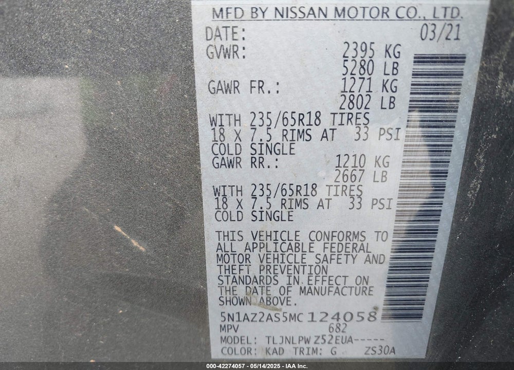 2021 NISSAN MURANO VIN: 5N1AZ2AS5MC124058