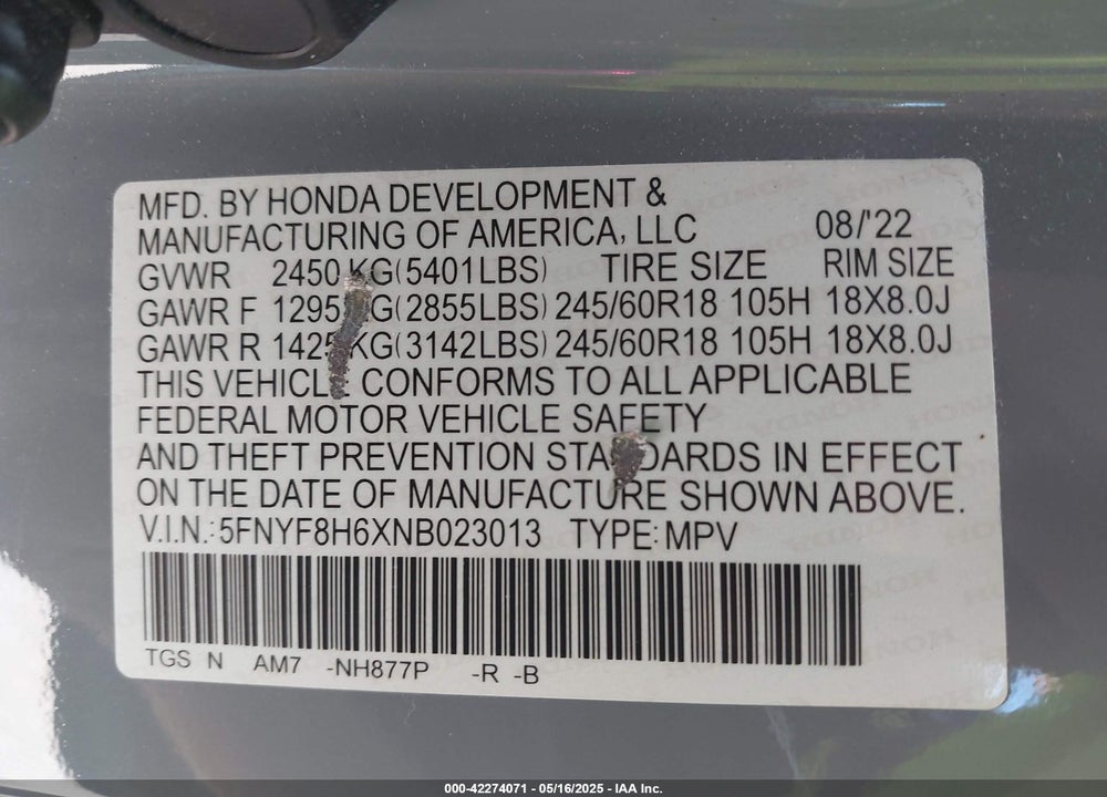 2022 HONDA PASSPORT VIN: 5FNYF8H6XNB023013