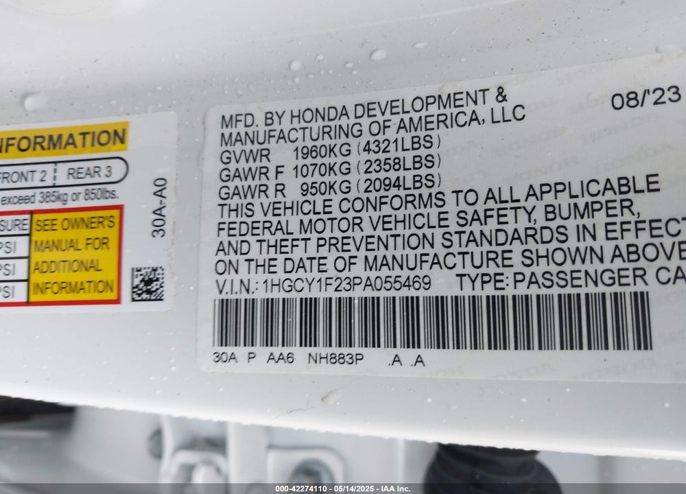 2023 HONDA ACCORD VIN: 1HGCY1F23PA055469