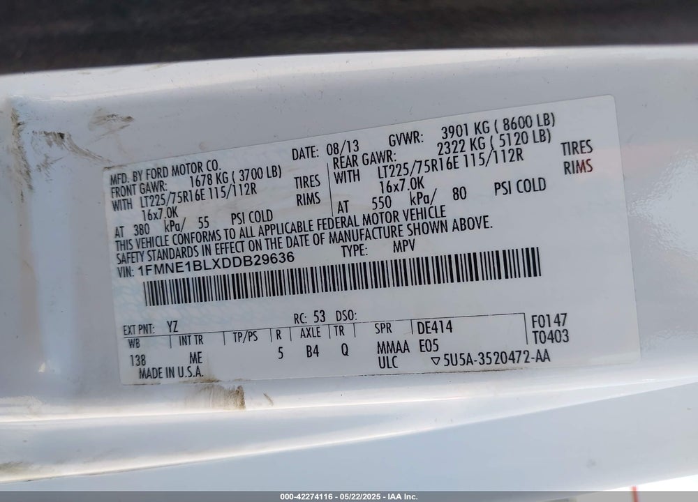 2013 FORD E-150 XLT VIN: 1FMNE1BLXDDB29636