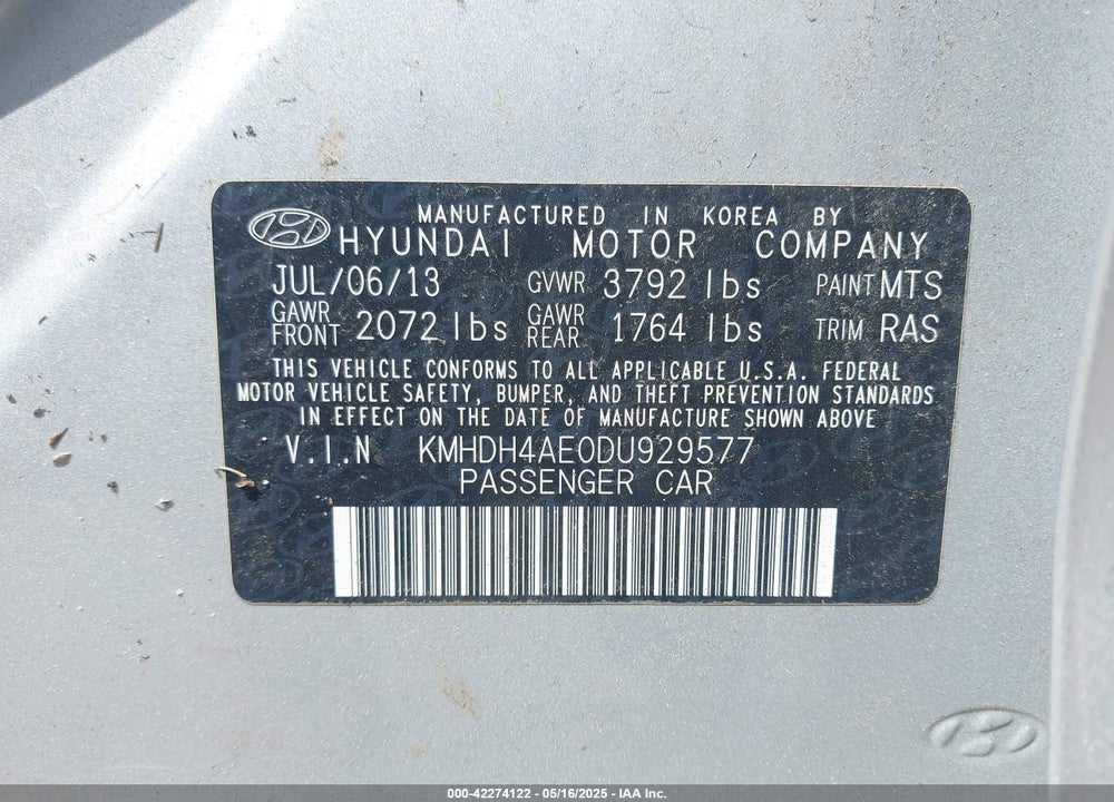 2013 HYUNDAI ELANTRA VIN: KMHDH4AE0DU929577