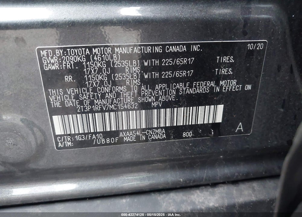 2021 TOYOTA RAV4 VIN: 2T3P1RFV7MC154632