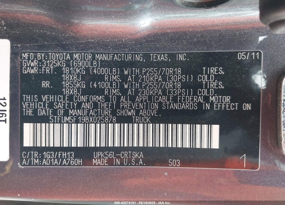 2011 TOYOTA TUNDRA GRADE 4.6L V8 VIN: 5TFUM5F19BX025878