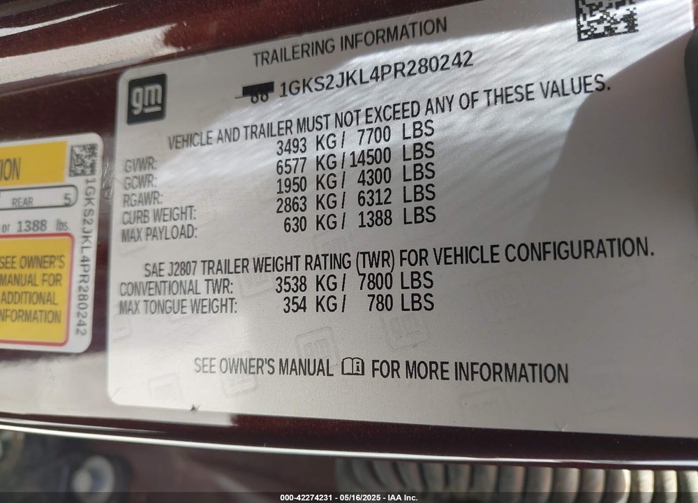 2023 GMC YUKON XL VIN: 1GKS2JKL4PR280242