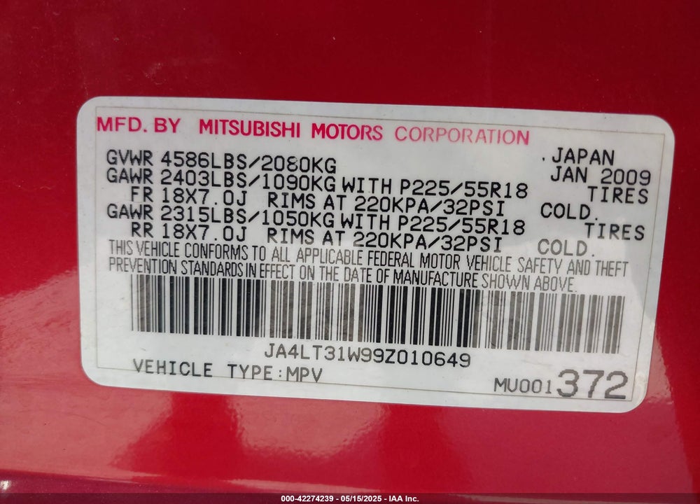 2009 MITSUBISHI OUTLANDER VIN: JA4LT31W99Z010649