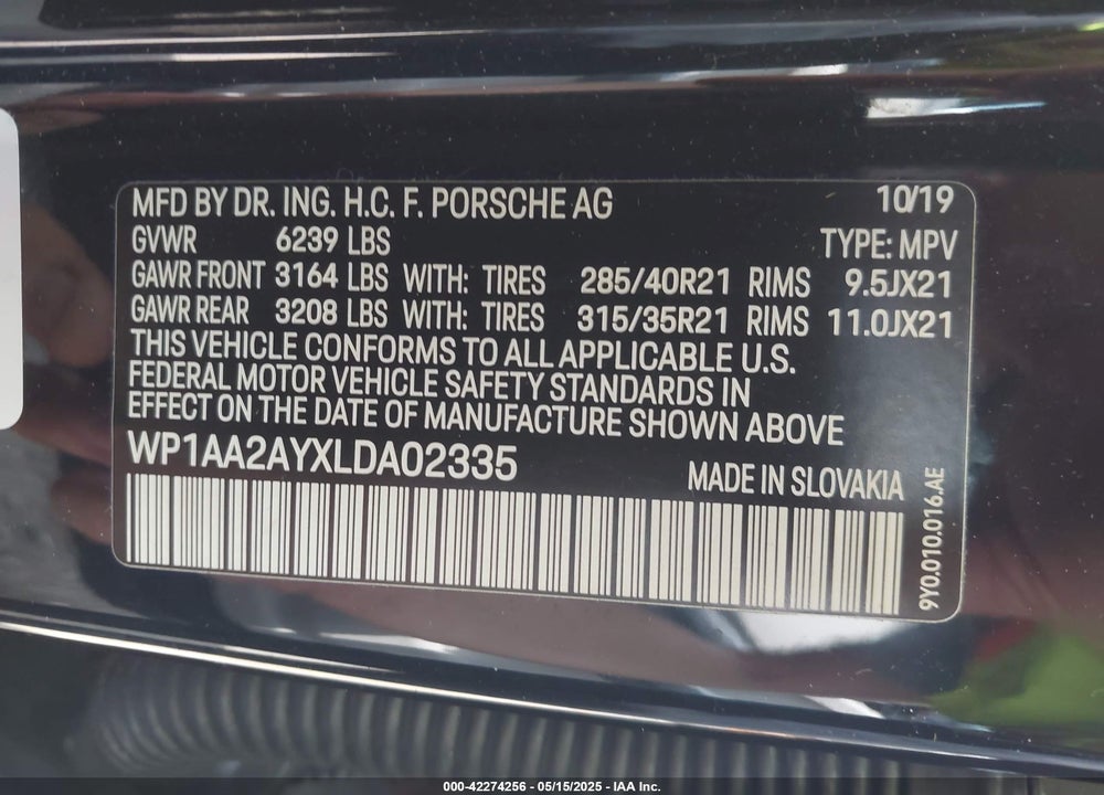 2020 PORSCHE CAYENNE VIN: WP1AA2AYXLDA02335
