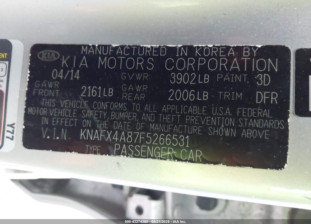 2015 KIA FORTE EX VIN: KNAFX4A87F5266531