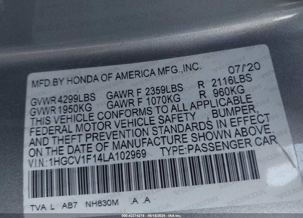 2020 HONDA ACCORD VIN: 1HGCV1F14LA102969