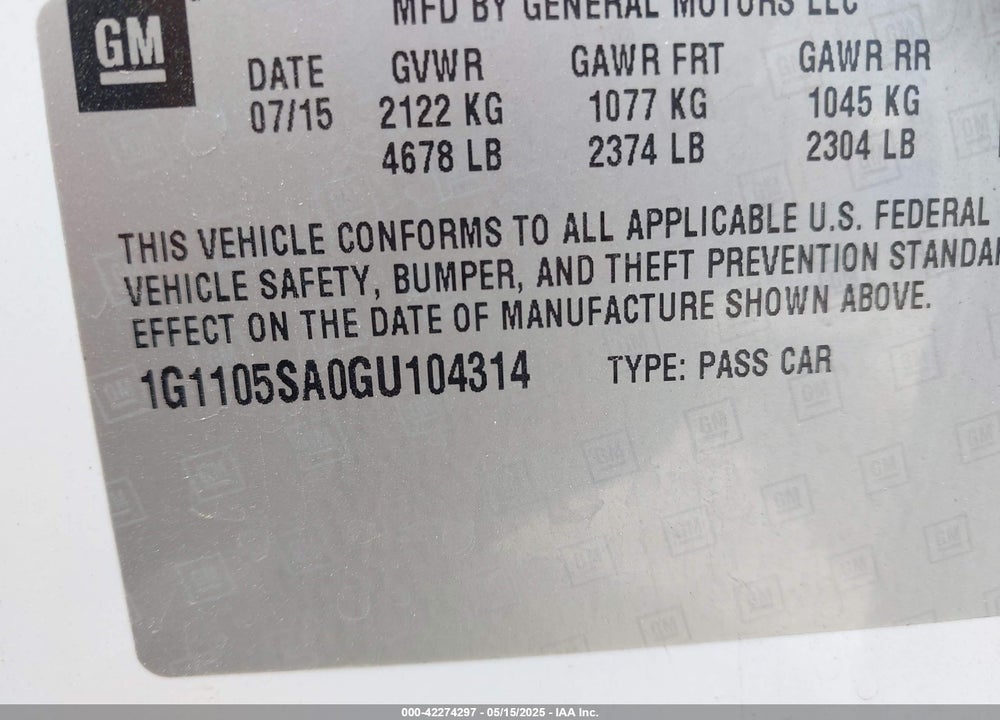 2016 CHEVROLET IMPALA VIN: 1G1105SA0GU104314
