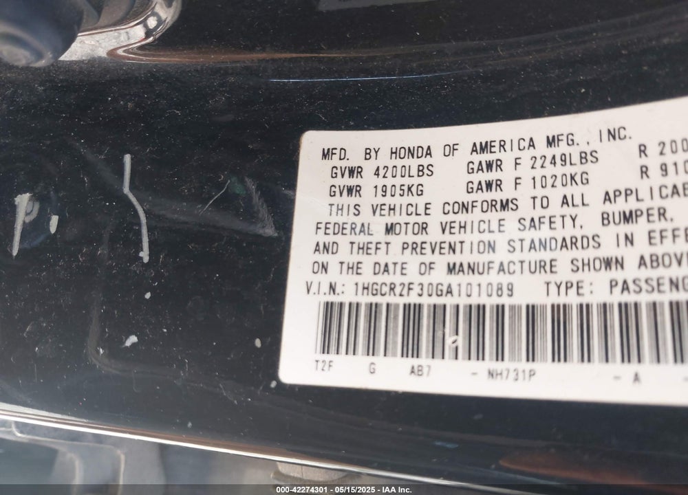 2016 HONDA ACCORD VIN: 1HGCR2F30GA101089