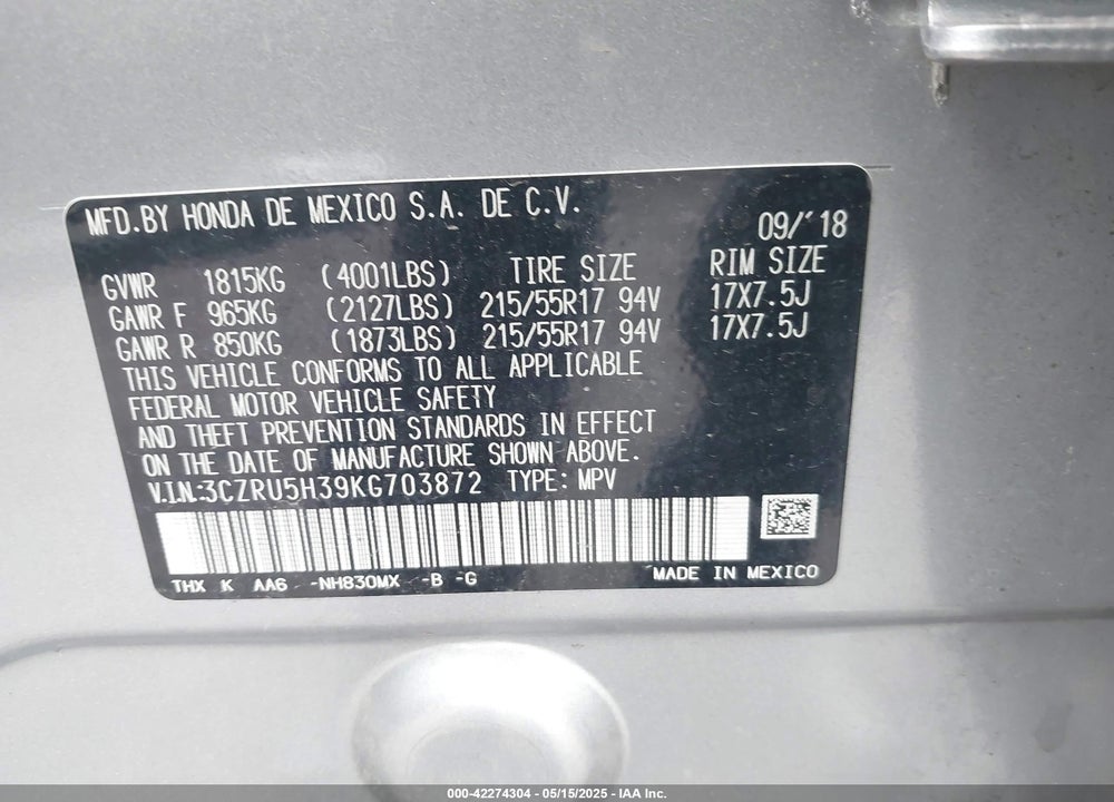 2019 HONDA HR-V VIN: 3CZRU5H39KG703872