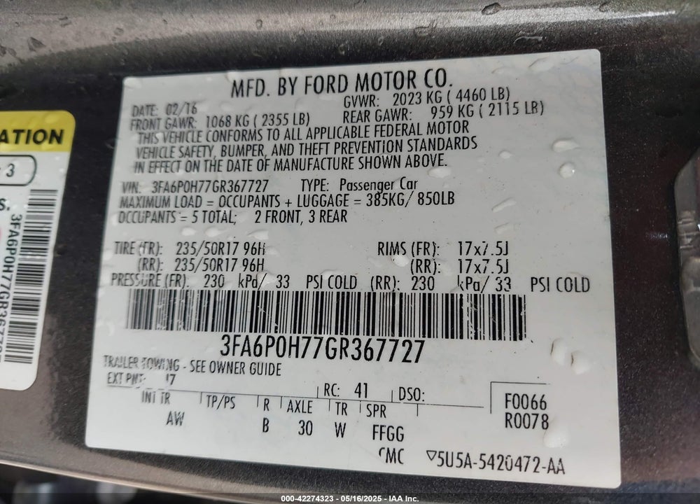 2016 FORD FUSION SE VIN: 3FA6P0H77GR367727