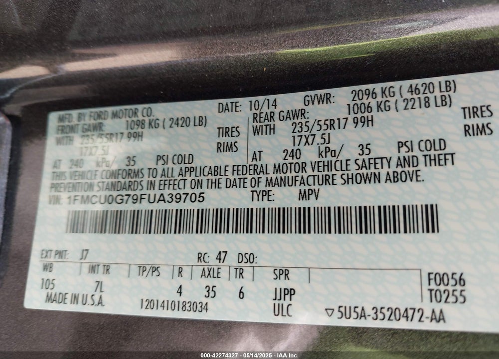 2015 FORD ESCAPE VIN: 1FMCU0G79FUA39705
