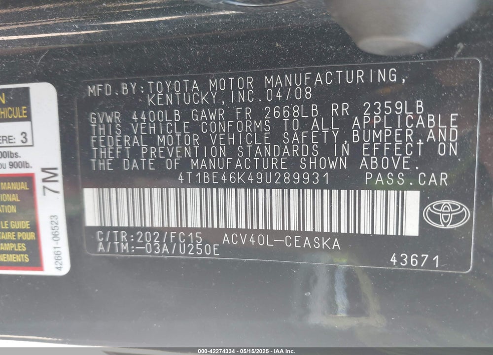 2009 TOYOTA CAMRY VIN: 4T1BE46K49U289931
