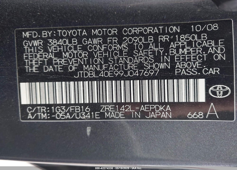 2009 TOYOTA COROLLA VIN: JTDBL40E99J047697