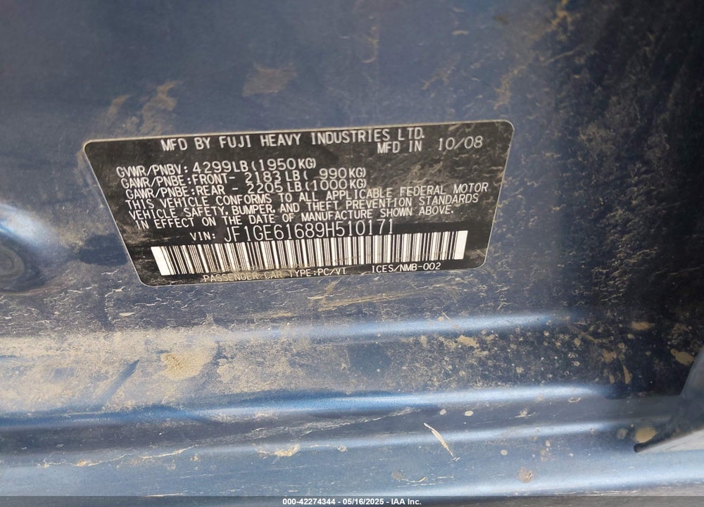 2009 SUBARU IMPREZA 2.5I VIN: JF1GE61689H510171