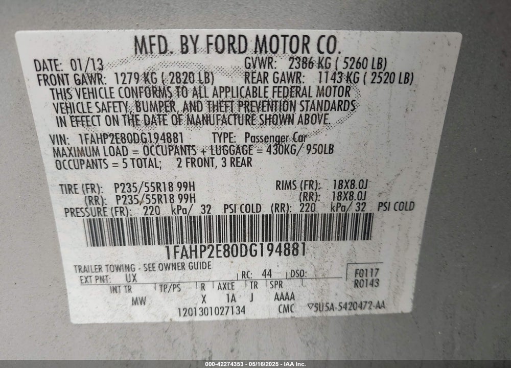 2013 FORD TAURUS VIN: 1FAHP2E80DG194881