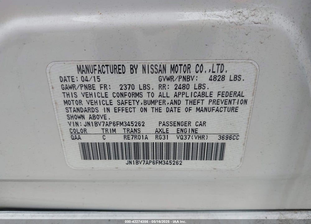 2015 INFINITI Q50 VIN: JN1BV7AP6FM345262