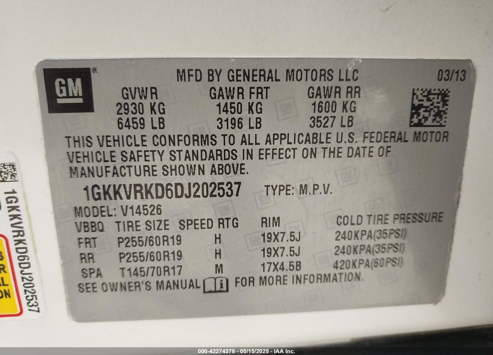 2013 GMC ACADIA VIN: 1GKKVRKD6DJ202537