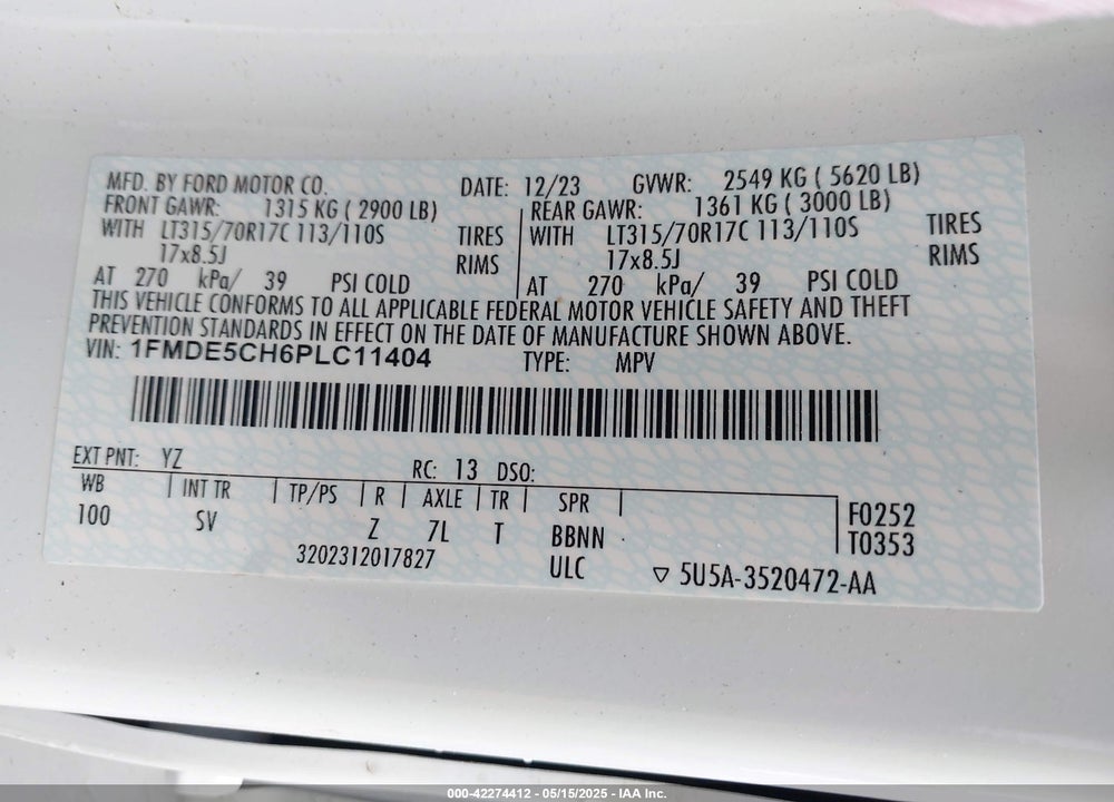 2023 FORD BRONCO VIN: 1FMDE5CH6PLC11404