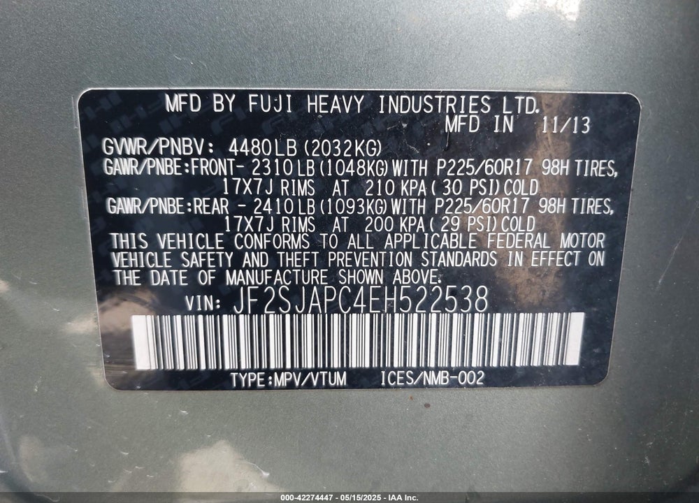 2014 SUBARU FORESTER VIN: JF2SJAPC4EH522538