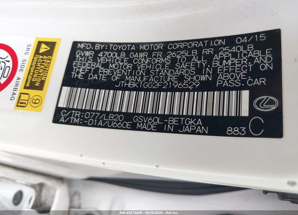 2015 LEXUS ES350 VIN: JTHBK1GG2F2196529