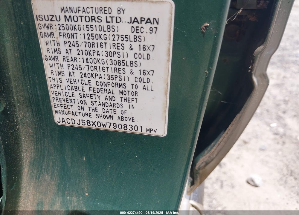 1998 ISUZU TROOPER S VIN: JACDJ58X0W7908301
