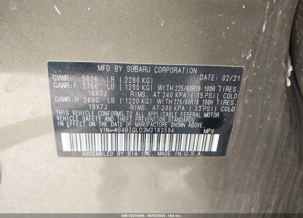 2021 SUBARU OUTBACK ONYX EDITION XT VIN: 4S4BTGLD3M3183594