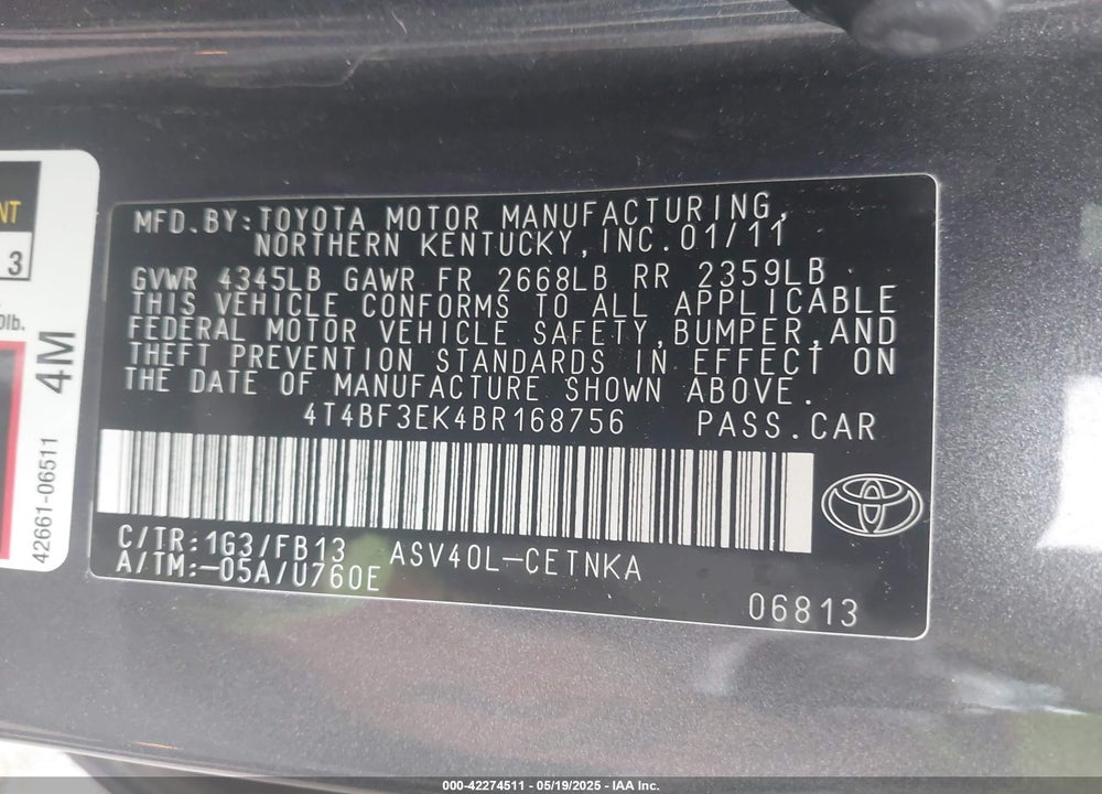 2011 TOYOTA CAMRY VIN: 4T4BF3EK4BR168756