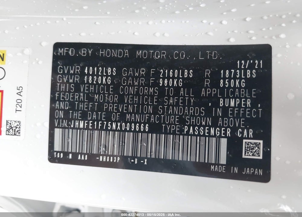 2022 HONDA CIVIC VIN: JHMFE1F75NX009666