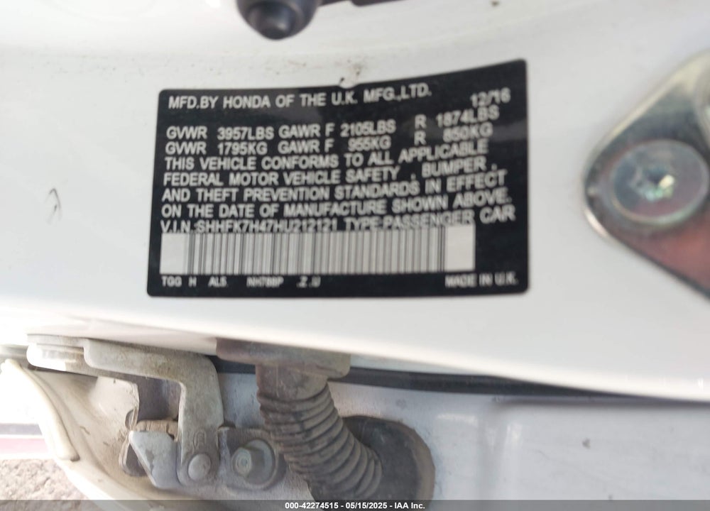 2017 HONDA CIVIC VIN: SHHFK7H47HU212121